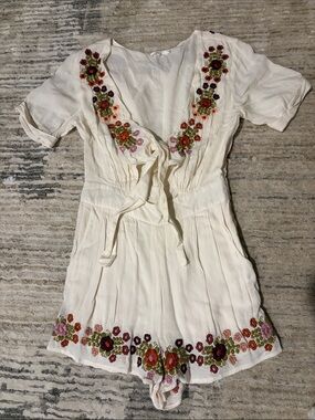 Tularosa Ivory Romper with Multicolor Floral Trim